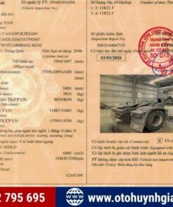Sổ đăng kiểm xe đầu kéo Faw 1 cầu máy 260HP 2021 lướt