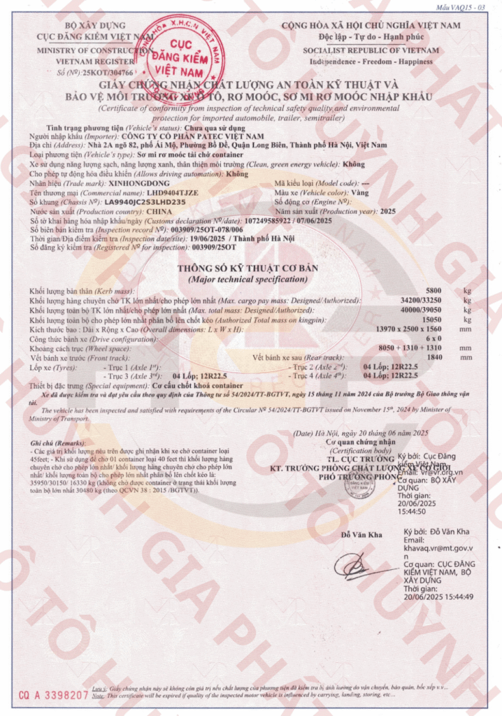 Giấy chứng nhận chất lượng của mooc cổ cò Xinhongdong Patec 3 trục 45 FT mới