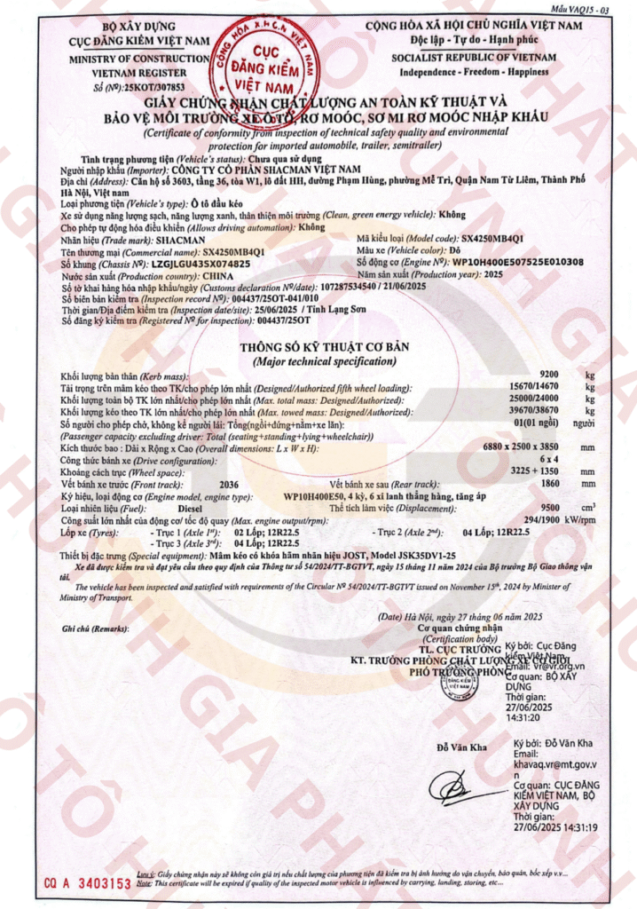 Giấy chứng nhận chất lượng xe đầu kéo SHACMAN WC H3000S 400HP cầu láp