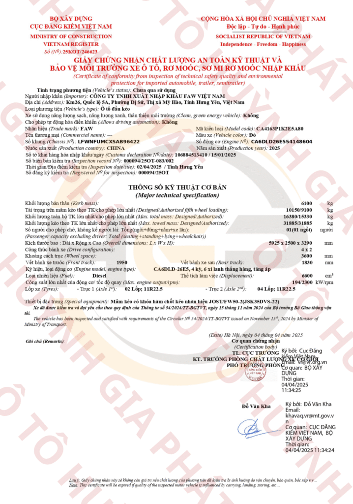 Giấy chứng nhận chất lượng của xe đầu kéo Faw 1 cầu JH5 máy 260