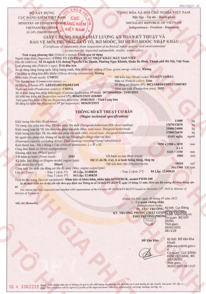 Giấy chứng nhận chất lượng của xe đầu kéo Howo Max động cơ 460 mã lực 2025 cầu dầu