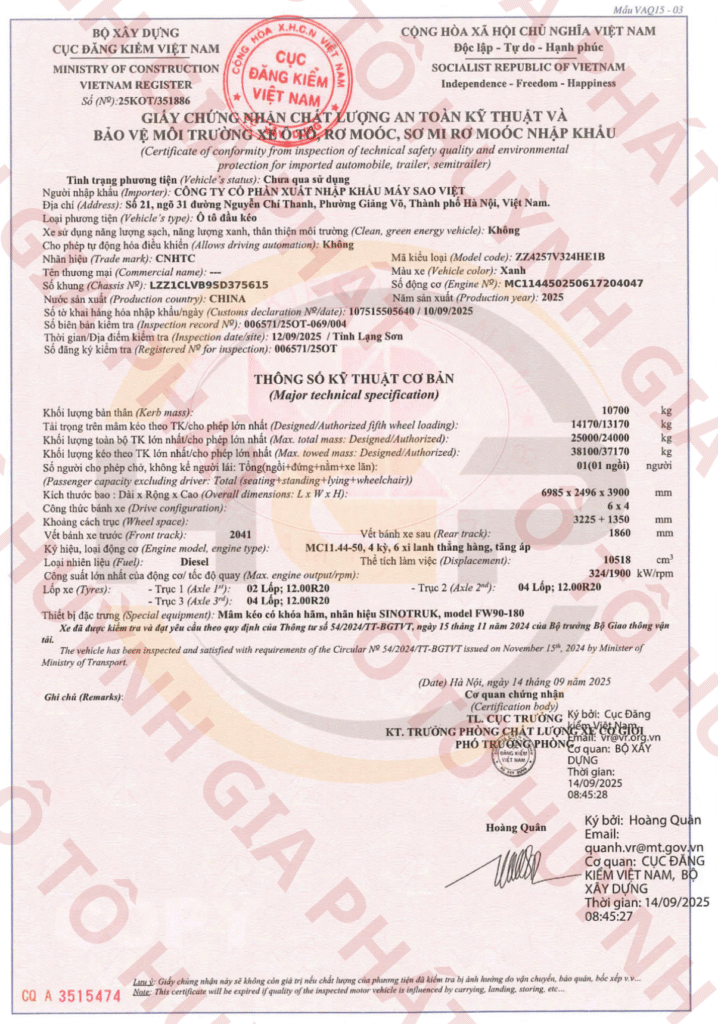 Giấy chứng nhận chất lượng của xe Howo Sitrak T7H 440HP 2025 cầu dầu