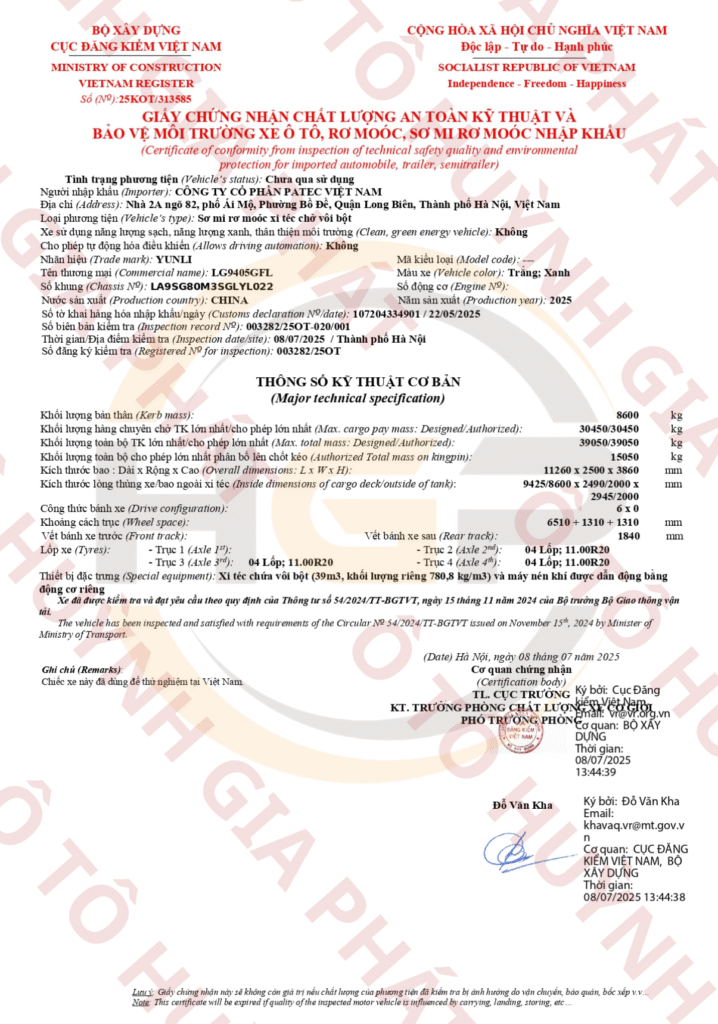 Giấy chứng nhận chất lượng của rơ mooc bồn chở xi măng YUNLI 39m3