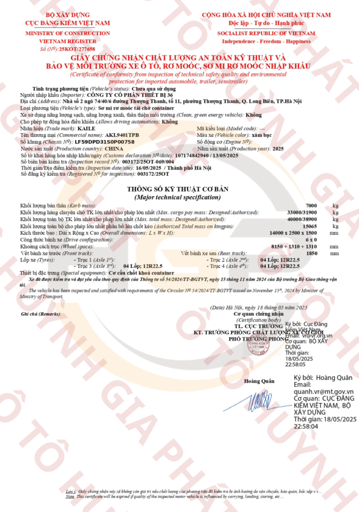 Giấy chứng nhận chất lượng của mooc sàn KAILE 3 trục dài 14.2m