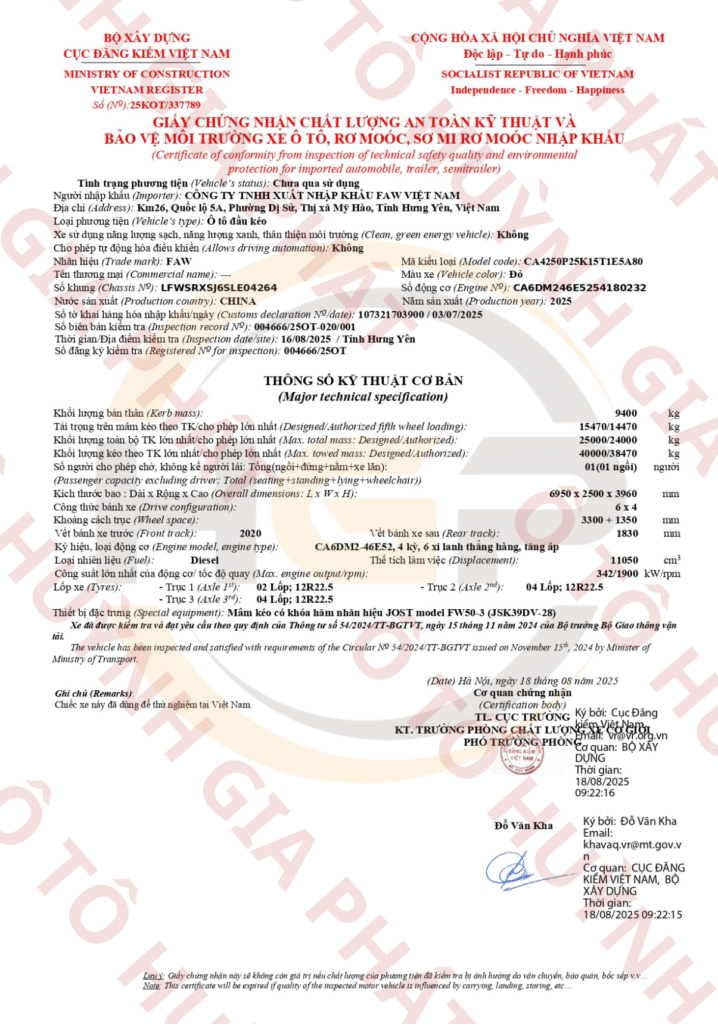 Giấy chứng nhận chất lượng của xe Faw JH6 460HP mẫu 2026