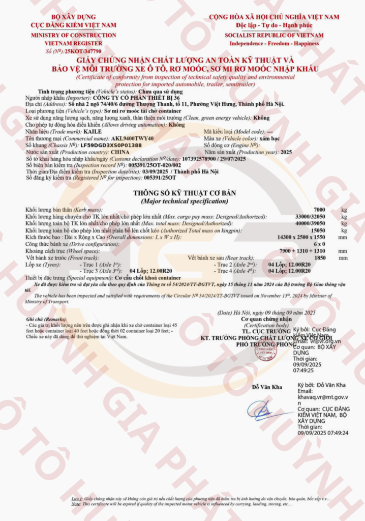 Giấy chứng nhận chất lượng của mooc xương 3 trục 45 FT Kaile tải 32 tấn mới