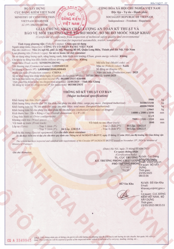 Giấy chứng nhận chất lượng của mooc xương 3 trục 45Feet Xinhongdong tải 33.25 tấn 2025