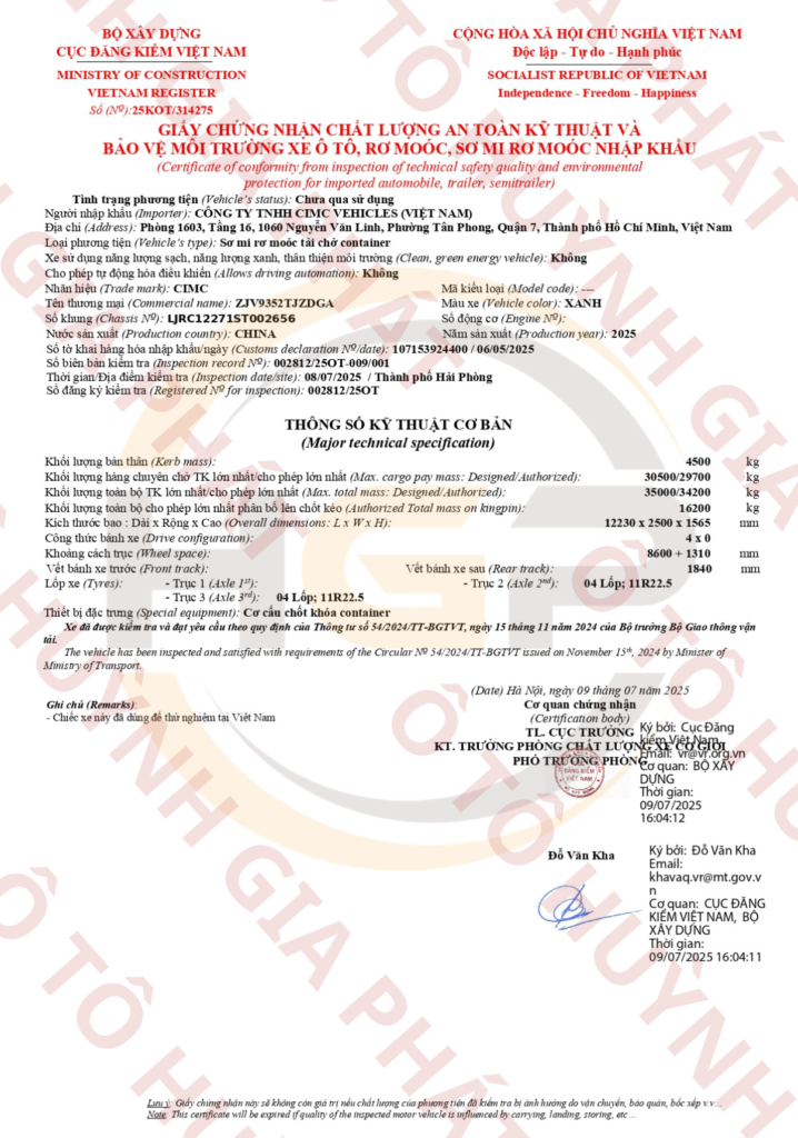 Giấy chứng nhận chất lượng của mooc xương CIMC DONGGUAN 2 dí 40 feet mới