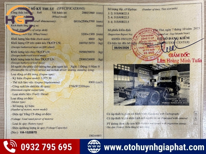 Sổ đăng kiểm của xe đầu kéo Dongfeng 375HP 2015 cũ