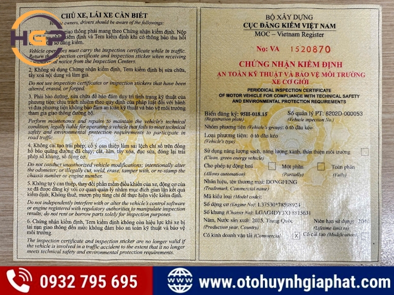 Sổ đăng kiểm của xe đầu kéo Dongfeng 375HP 2015 cũ