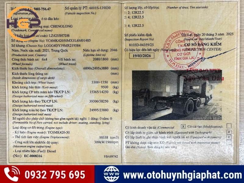 Sổ đăng kiểm của xe Chenglong H7 420HP đời 2021 qua sử dụng