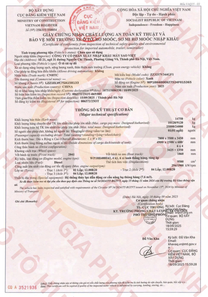 Giấy chứng nhận chất lượng của xe tải ben 3 chân Howo TX400 thùng vuông
