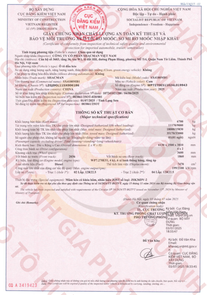Giấy chứng nhận chất lượng của xe đầu kéo Shacman WC H3000S 1 cầu 270HP