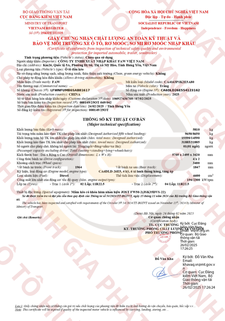 Giấy chứng nhận chất lượng của xe đầu kéo FAW Han V 1 cầu 260HP mới