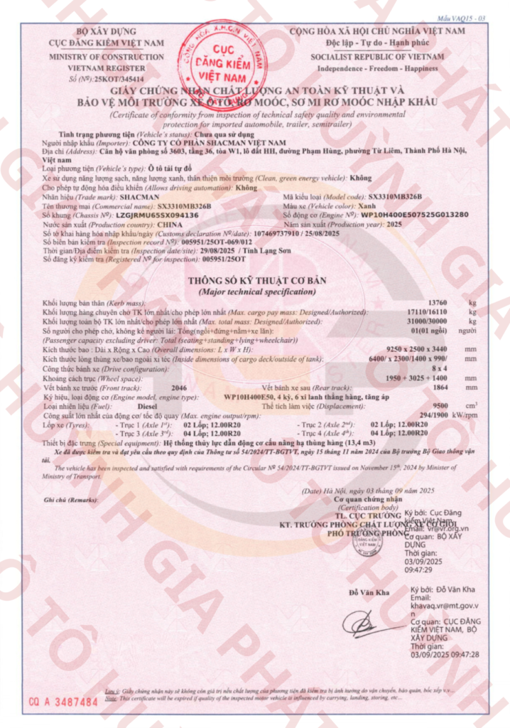 Giấy chứng nhận chất lượng của xe ben 4 giò Shacman H3000S Weichai 400HP mới