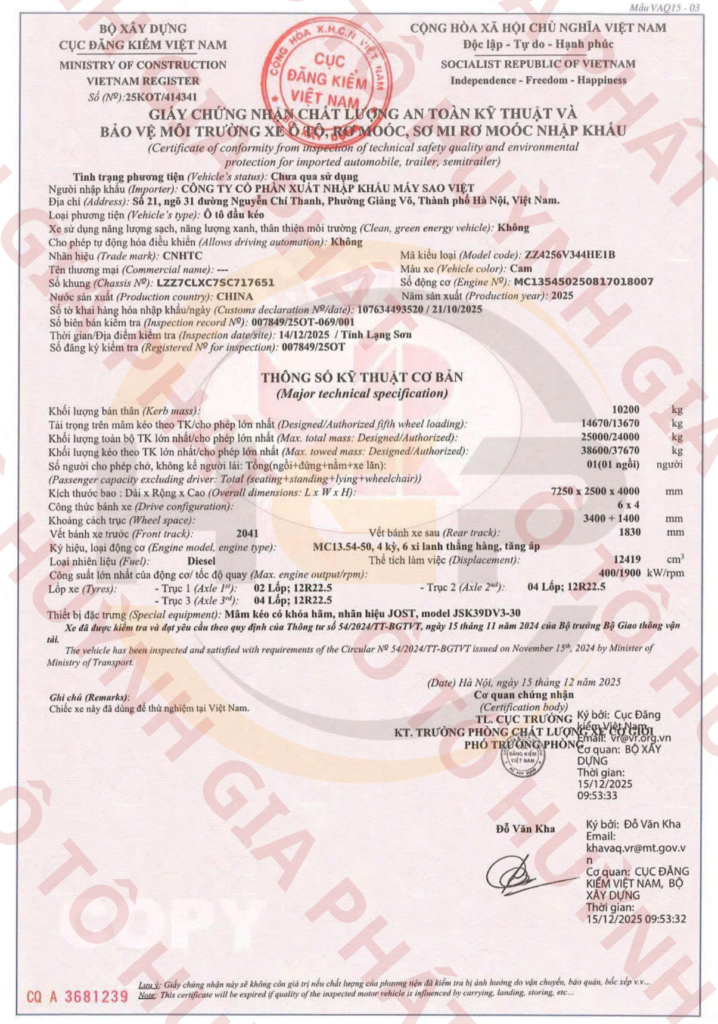 Giấy chứng nhận chất lượng của xe Howo Sitrak G7 540HP cầu láp