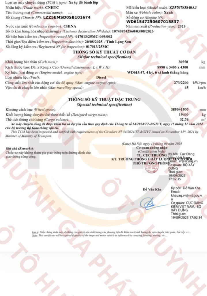 Giấy chứng nhận chất lượng của xe ben HOWO bá vương tải 70 tấn