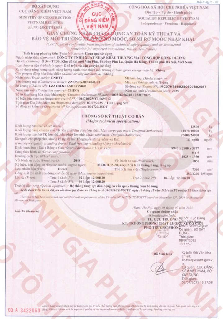 Giấy chứng nhận chất lượng của xe bồn trộn bê tông HOWO TX 350HP 10 khối