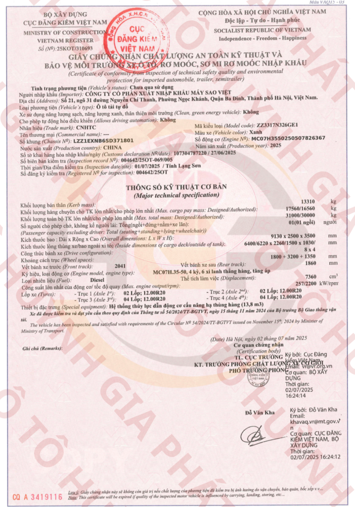 Giấy chứng nhận chất lượng của xe ben Howo TX350 thùng U đúc