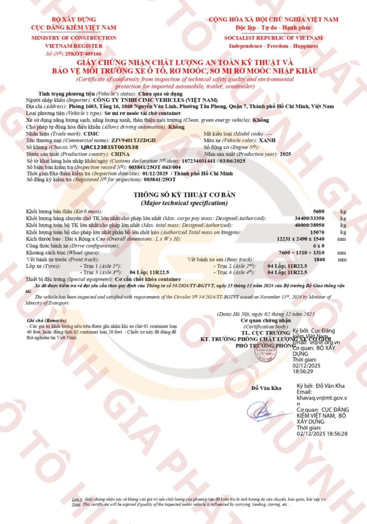 Giấy chứng nhận chất lượng của mooc xương 3T40F Cimc Dongguan mới