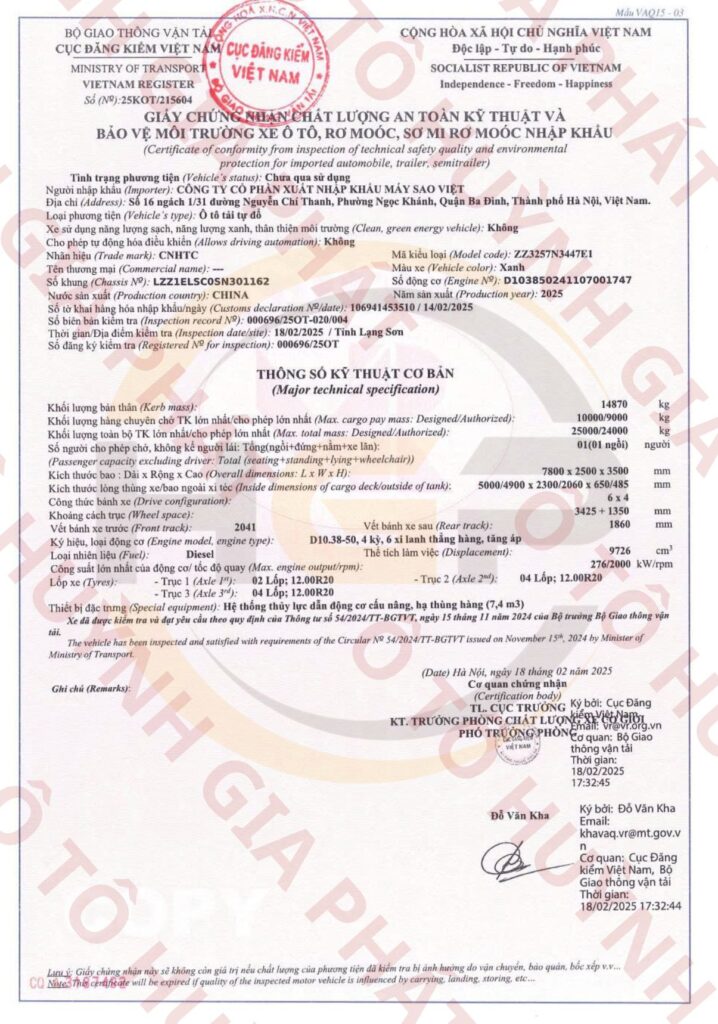 Giấy chứng nhận chất lượng của xe ben Howo V7G 3 chân 380HP thùng vuông