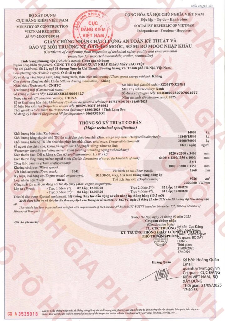 Giấy chứng nhận chất lượng của xe ben Howo V7G 4 chân 380HP thùng U
