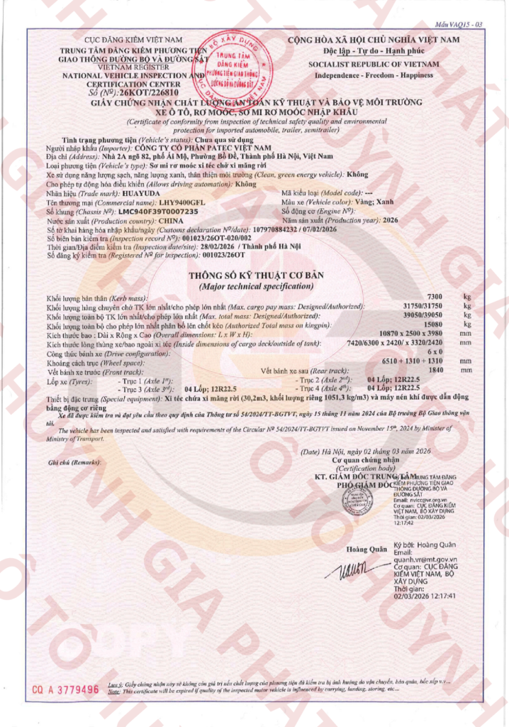 Giấy chứng nhận chất lượng của mooc bồn xi téc chở xi măng HUAYUDA 30 khối