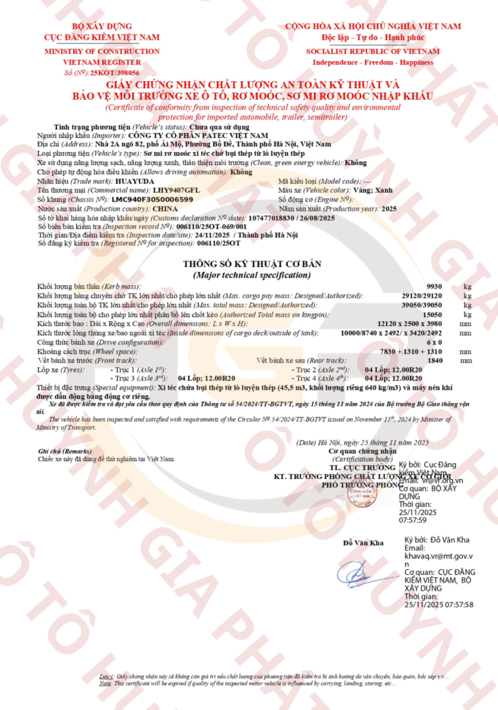 Giấy chứng nhận chất lượng của mooc bồn xi téc chở xi măng HUAYUDA 45.5 khối