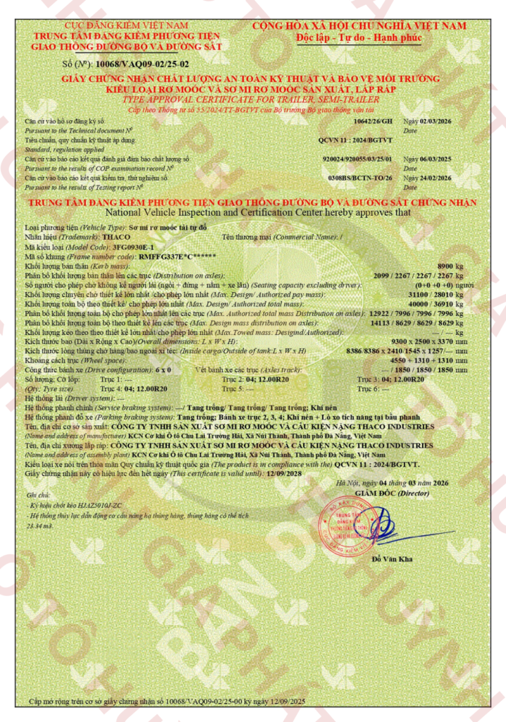 Giấy chứng nhận của mooc ben Thaco ty Hyva xác nặng - Trục Fengbao