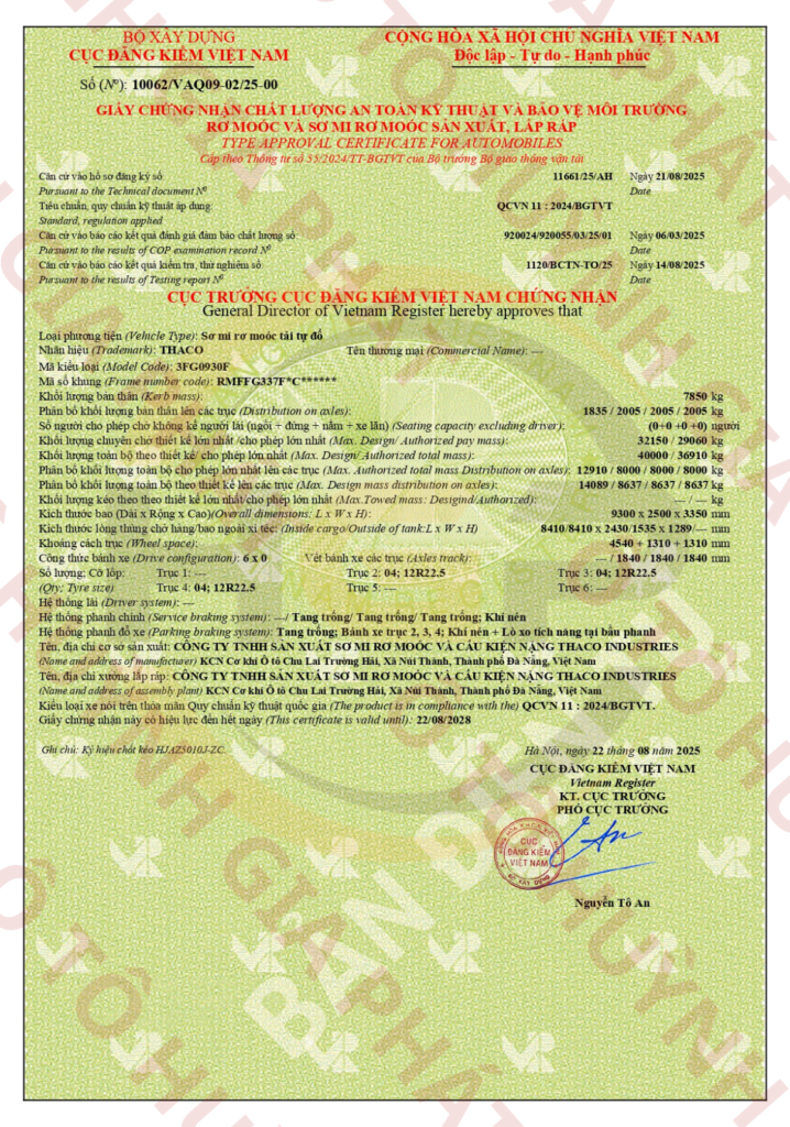 Giấy chứng nhận của mooc ben Thaco ty Hyva xác nhẹ - Trục Fuwa