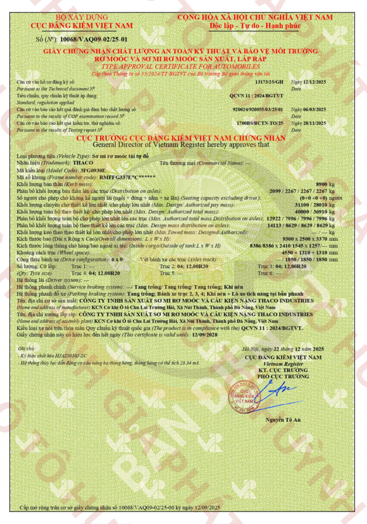 Giấy chứng nhận của mooc ben Thaco ty Hyva xác nặng - Trục Fuwa
