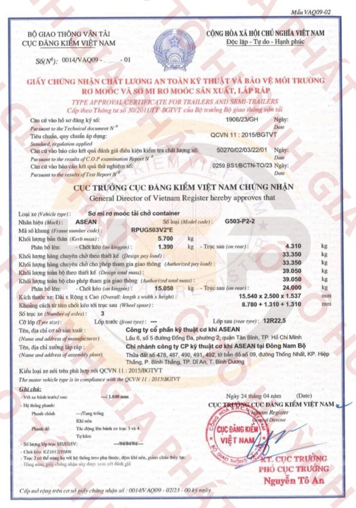 Giấy chứng nhận chất lượng của mooc cổ cò Asean 3 trục dài 15.5m