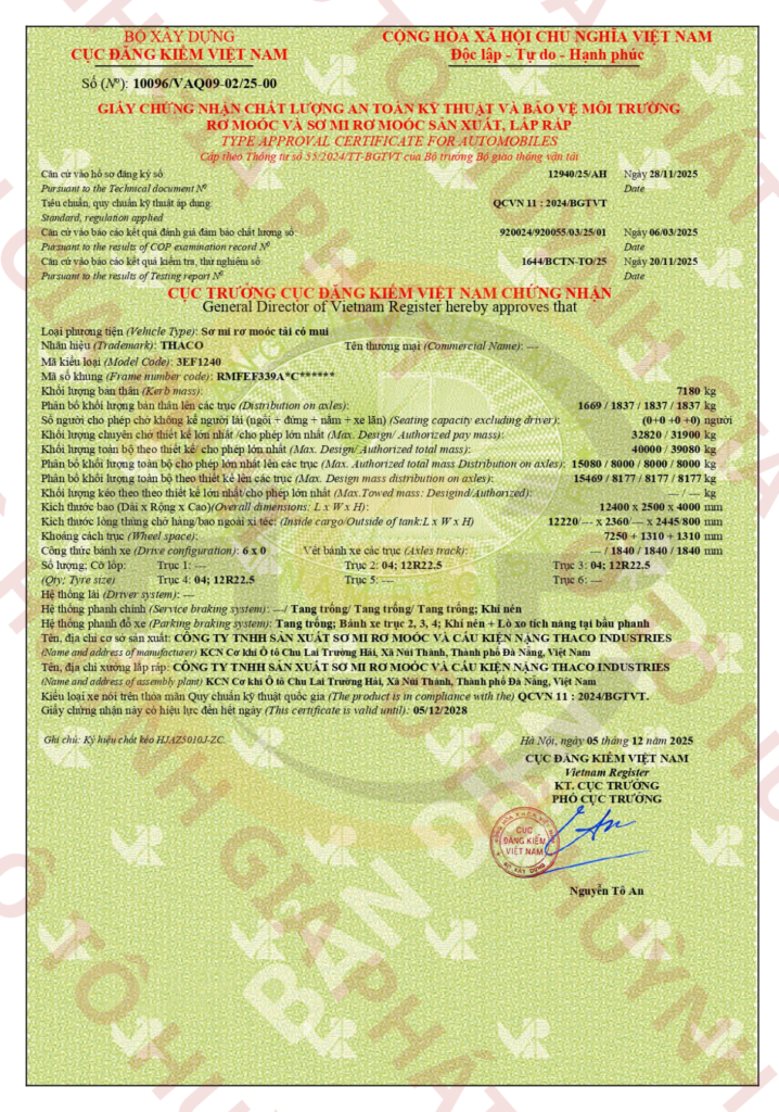 Giấy chứng nhận chất lượng của mooc lồng khung mui Thaco cao 4 mét