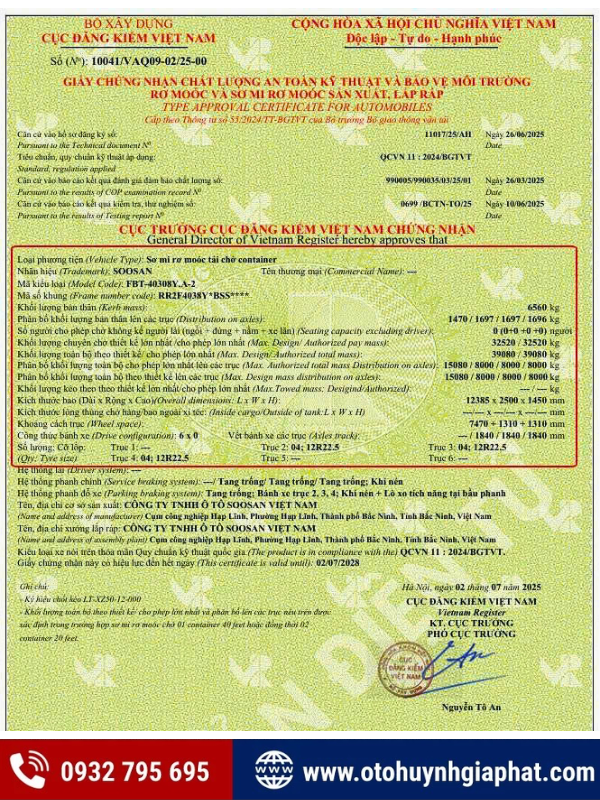 Giấy chứng nhận chất lượng của mooc sàn Soosan 40 feet 3 trục