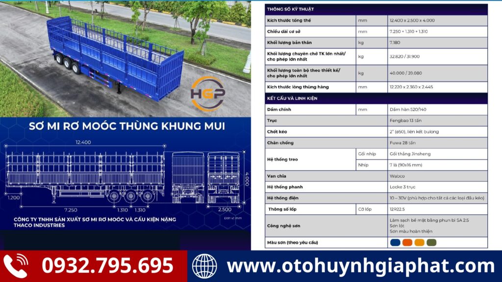 Thông số của mooc lồng khung mui Thaco cao 4 mét