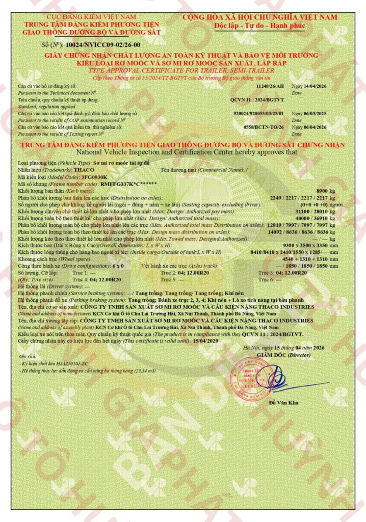 Giấy chứng nhận chất lượng của mooc ben tự đổ Thaco ty ben JH - Xác nặng