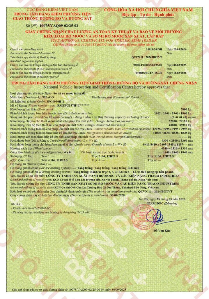 Giấy chứng nhận chất lượng của mooc ben tự đổ Thaco ty ben JH - Xác nhẹ