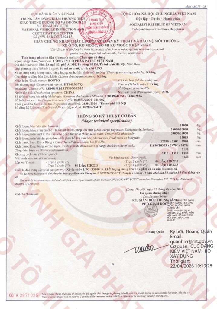 Giấy chứng nhận chất lượng của mooc bồn xi téc chở Gas Cimc Patec