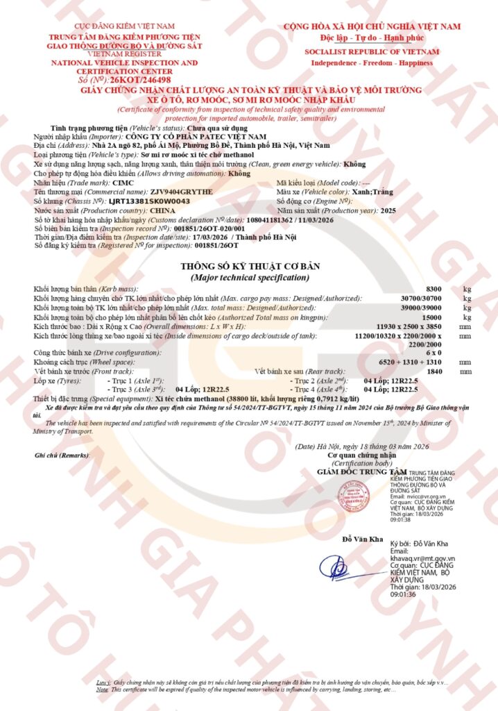 Giấy chứng nhận chất lượng của mooc bồn xi téc methanol