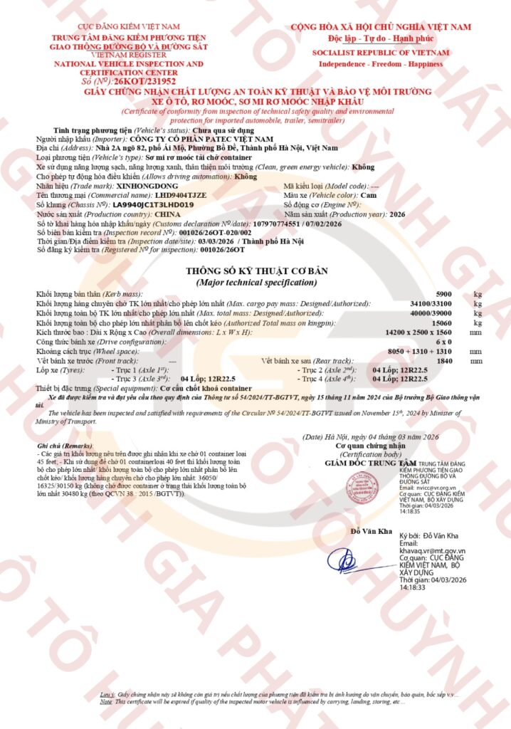 Giấy chứng nhận chất lượng của mooc cổ cò XINHONGDONG 45 feet