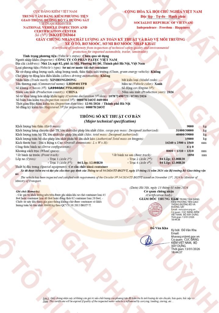 Giấy chứng nhận chất lượng của mooc sàn 45F Xinhongdong - Lốp 12.00R20