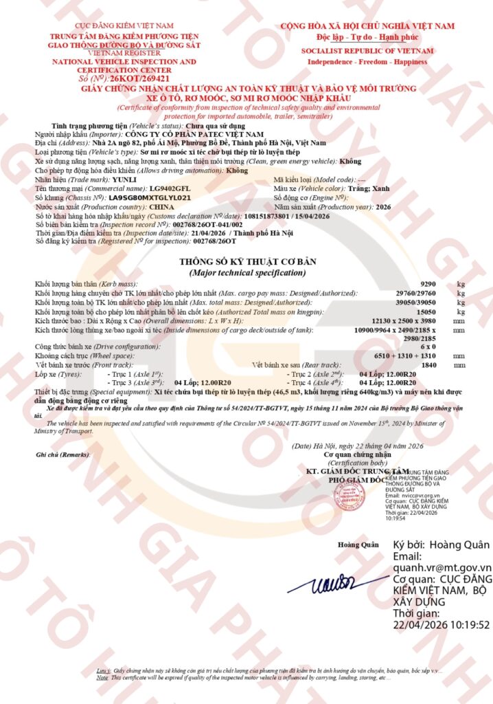 Giấy chứng nhận chất lượng của mooc bồn xi téc xi măng YUNLI