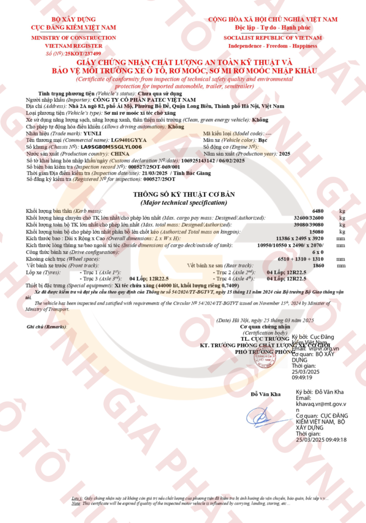 Giấy chứng nhận chất lượng của mooc bồn xi téc chở xăng Yunli