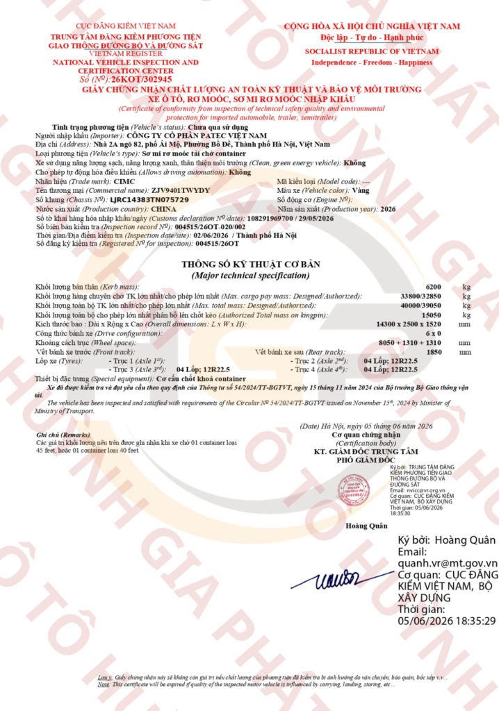 Giấy chứng nhận chất lượng của mooc cổ cò 45F Cimc Patec