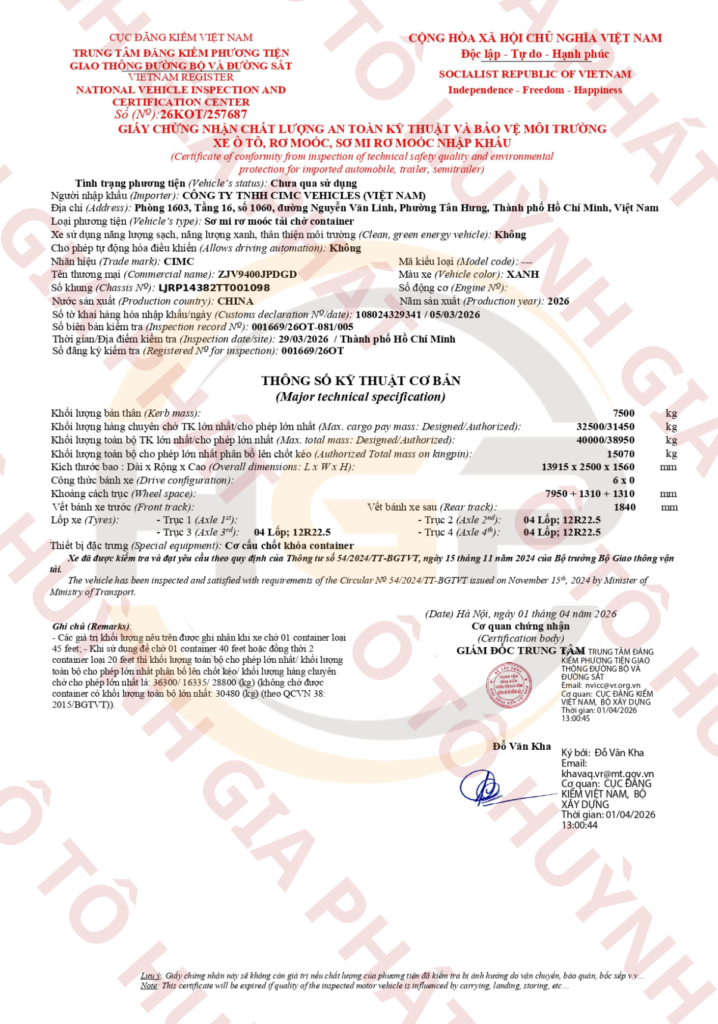 Giấy chứng nhận chất lượng của mooc sàn CIMC DONGGUAN 3 trục 45F