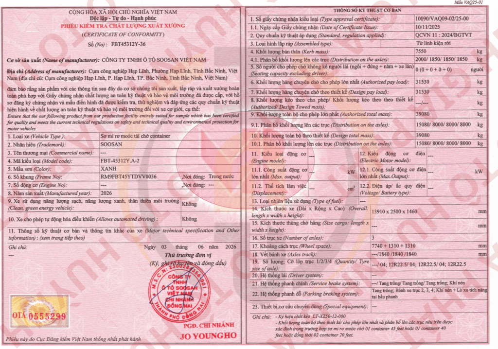 Giấy xuất xưởng của mooc sàn 3 trục 45F Soosan