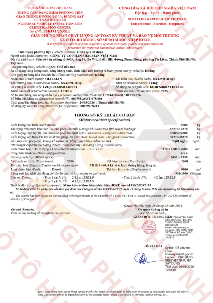 Giấy chứng nhận chất lượng của xe Shacman X6000 460HP