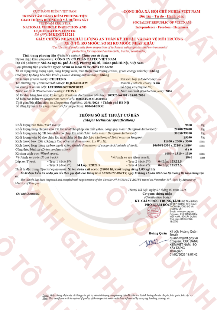 Giấy chứng nhận chất lượng của mooc bồn chở axit acetic 28 khối