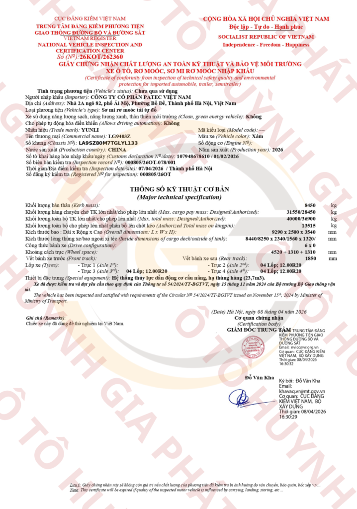 Giấy chứng nhận chất lượng của mooc ben Sinotruk Yunli thùng U - lốp 12.00R20