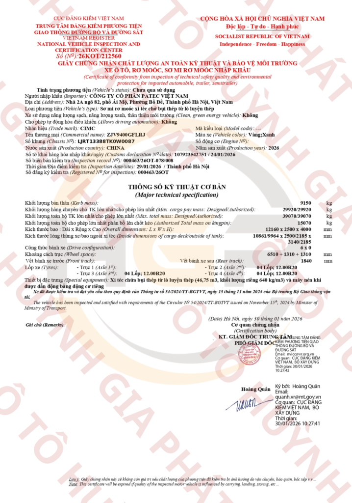 Giấy chứng nhận chất lượng của mooc bồn xi téc Cimc Rjst